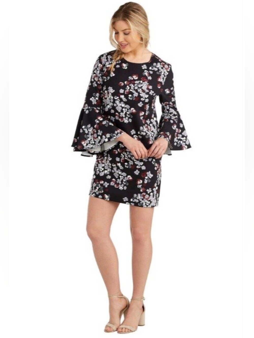 Mud Pie Brooks Floral Bell-Sleeve Shift Dress in Black and Burgundy SZ Large